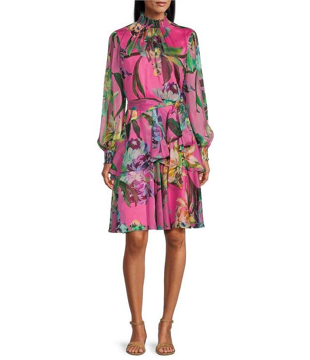 Alex Marie Rosalia Floral Print Slit Long Sleeve Mock Neck Tiered A-Line Dress Product Image