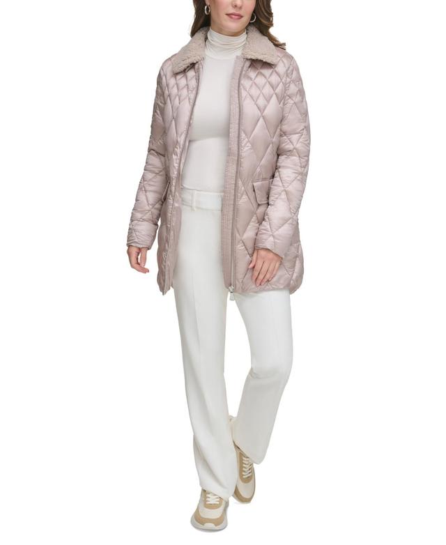 Calvin Klein Womens Faux-Fur-Collar Quilted Coat Product Image