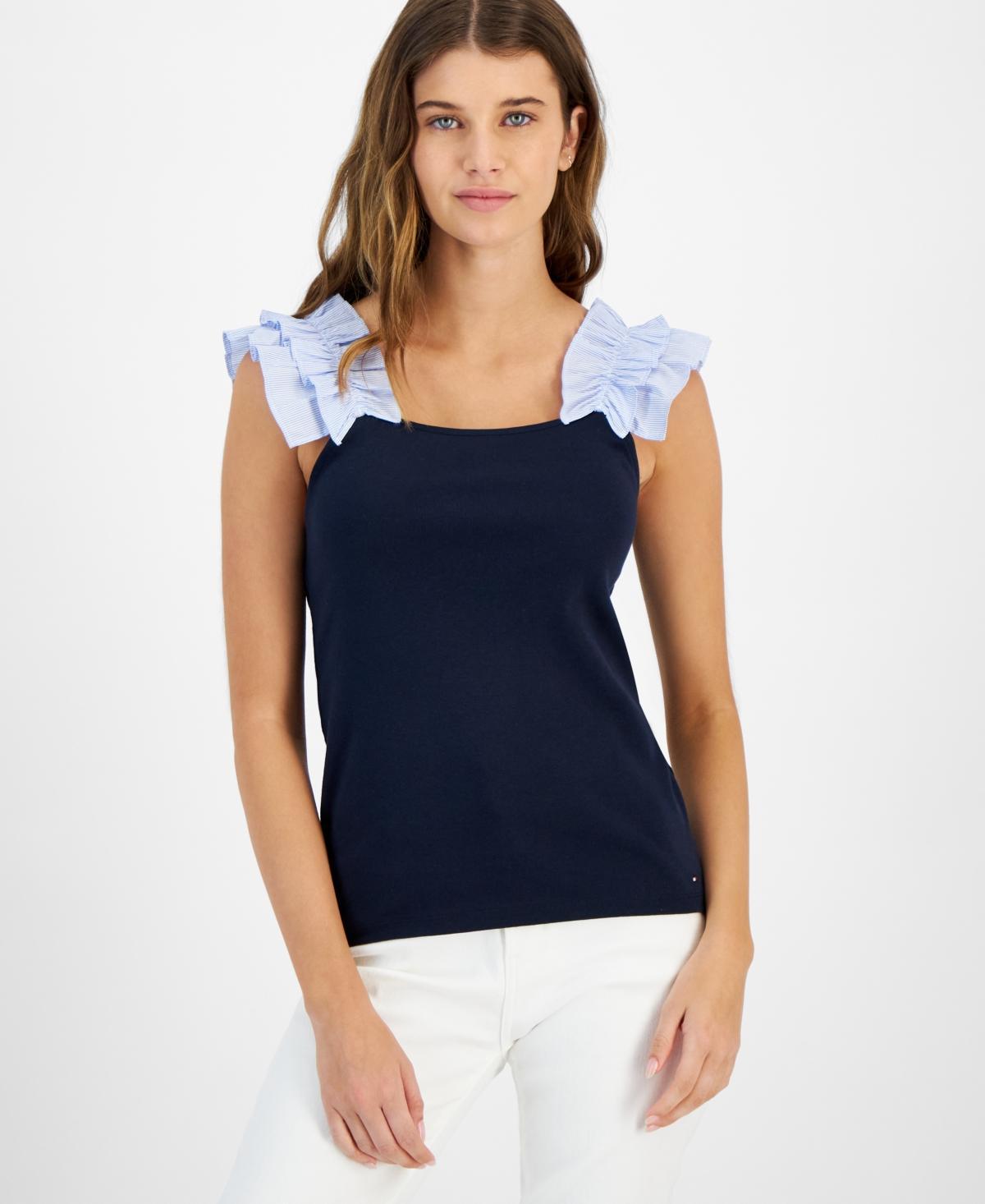 Tommy Hilfiger Womens Cotton Ruffle-Strap Tank Top Product Image