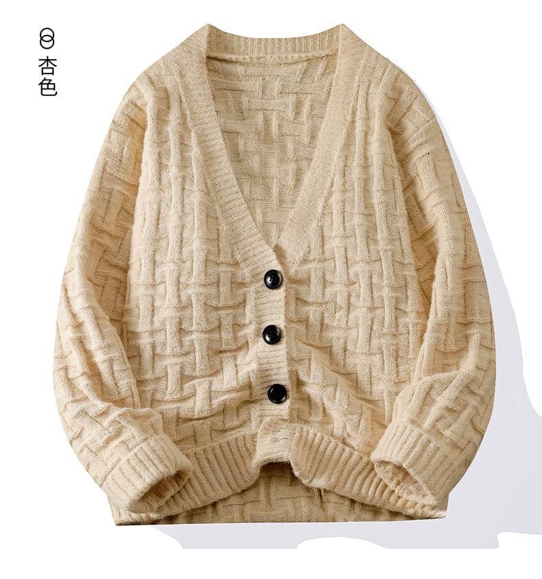 V-Neck Plain Jacquard Button-Up Cardigan Product Image