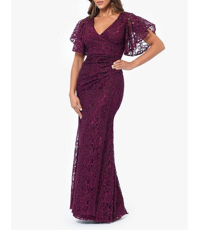 Betsy & Adam Lace Surplice V-Neck Illusion Flutter Sleeve Pleated Gown Product Image