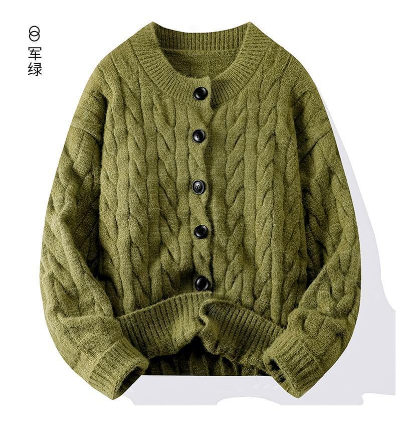 Crew Neck Plain Cable Knit Button-Up Cardigan Product Image