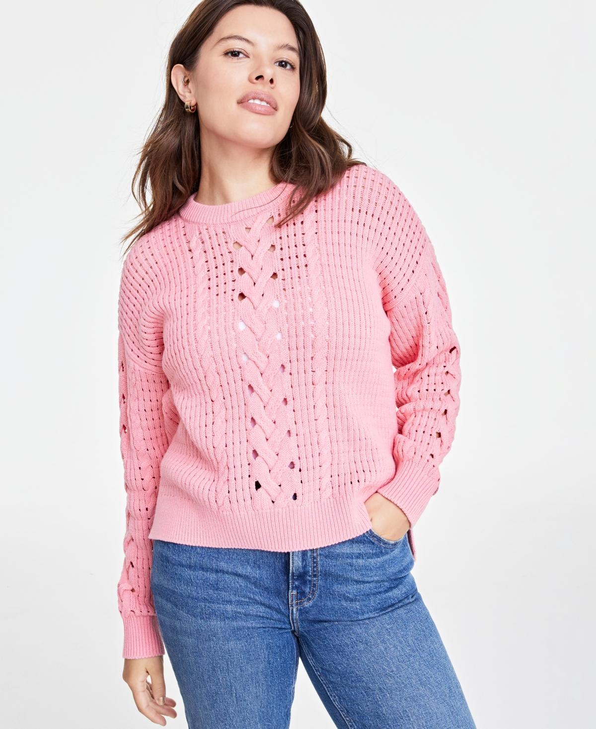 Women's Cable-Knit-Mesh Crewneck Long-Sleeve Sweater, Created for Macy's Product Image