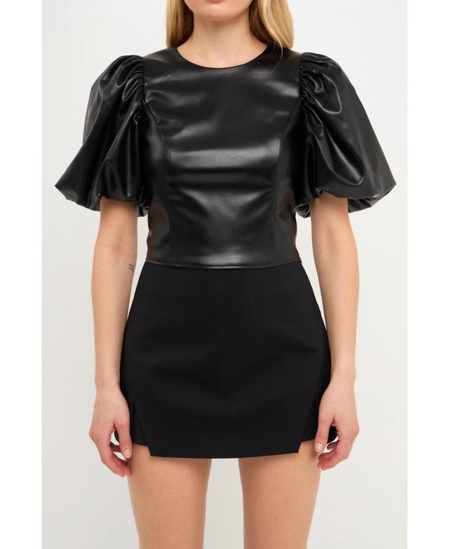 endless rose Womens Pu Leather Puff Sleeve Cropped Top Product Image