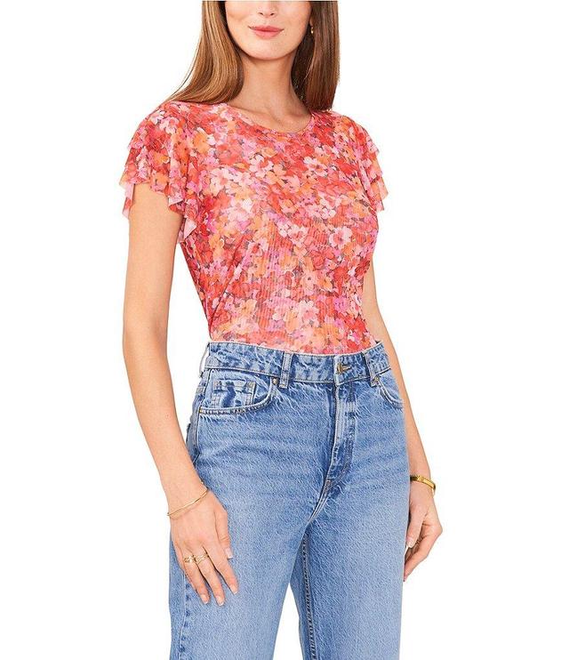 Vince Camuto Sunrise Floral Print Mesh Crew Neck Short Flutter Sleeve Top Product Image