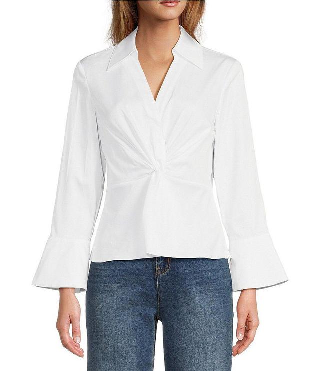 tyler boe Paige Woven Point Collar V-Neck Long Bell Sleeve Twist Front Shirt Product Image