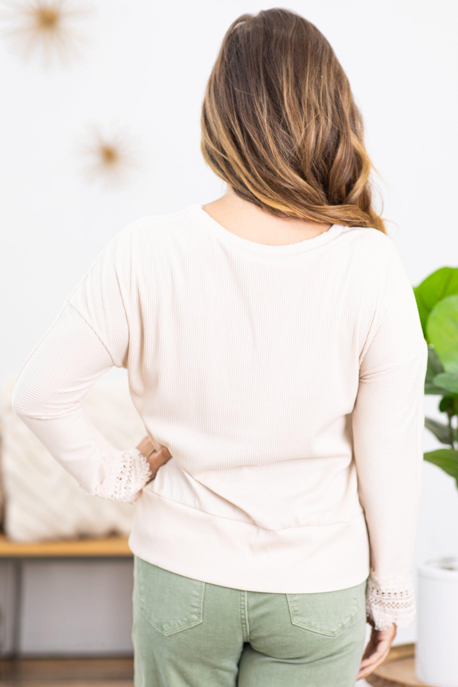 Cream Scalloped Crochet Trim V-Neck Top Product Image