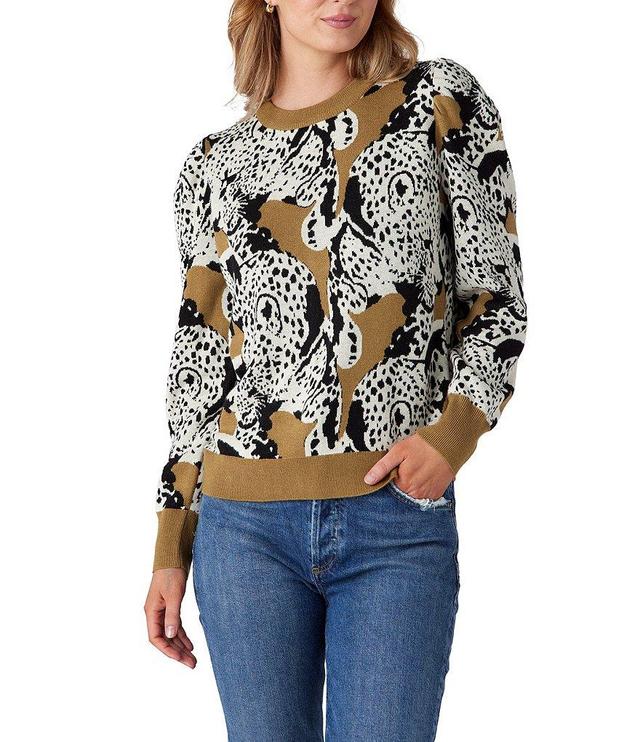 CORSBY by Mollie Burch Bixby Cashmere Blend Intarsia Leopard Crewneck Long Puff Sleeve Pullover Sweater Product Image