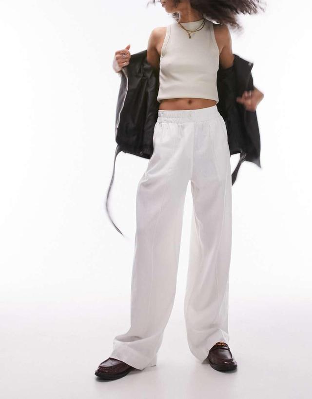 Topshop linen high waist pull on straight leg pants in white Product Image