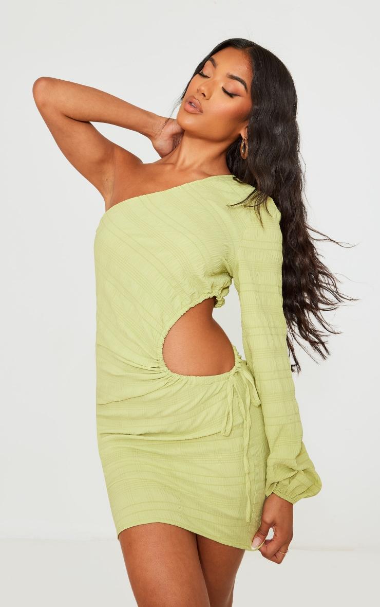  Sage Green Textured Woven Ruched Cut Out One Shoulder Shift Dress Product Image