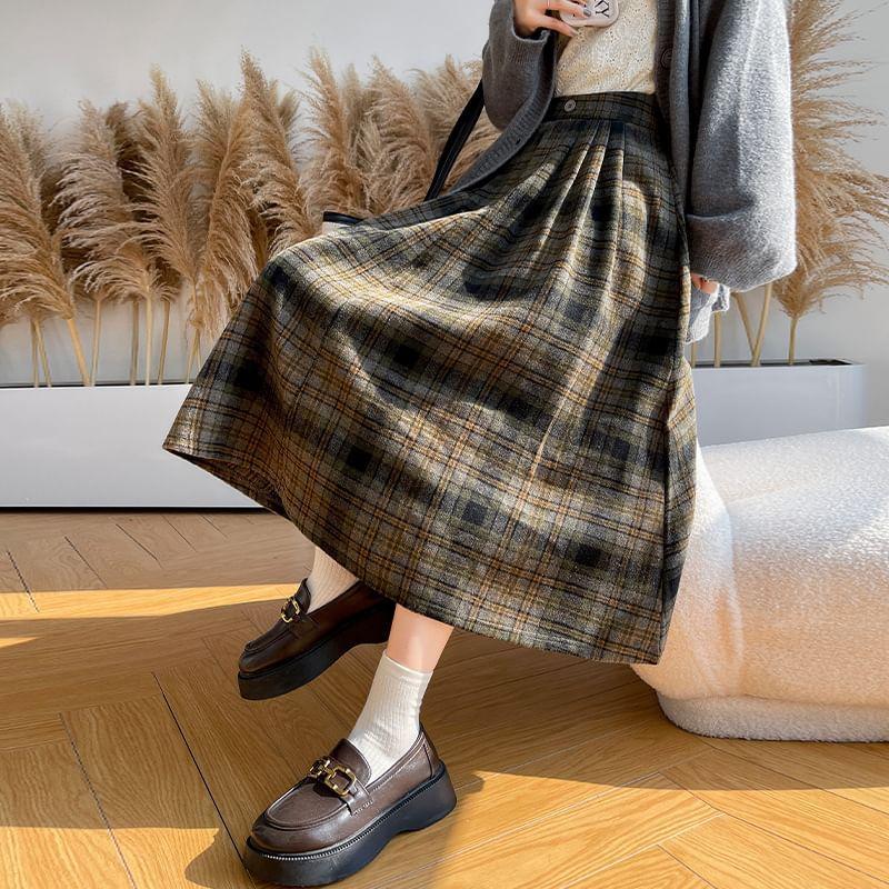 High Waist Plaid Midi A-Line Woolen Skirt Product Image