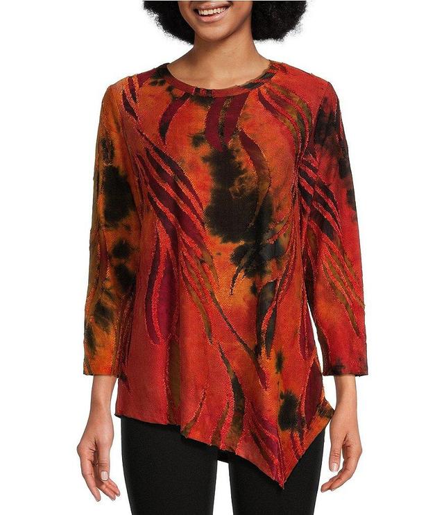 Calessa Stretch Burnout Tie Dye Round Neck 3/4 Sleeve Blouse Product Image