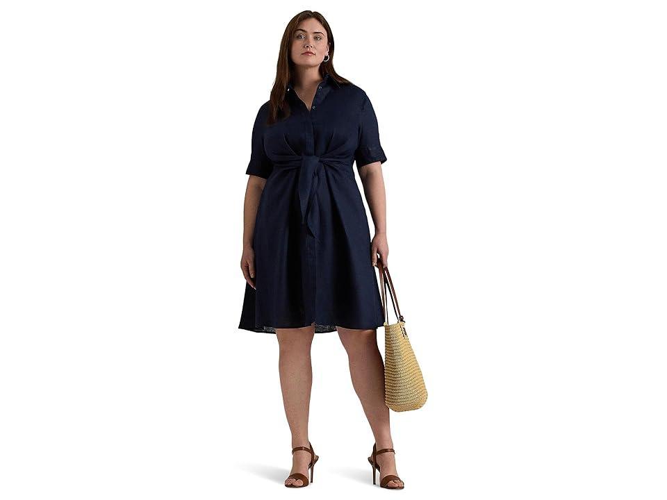 Lauren Ralph Lauren Plus-Size Tie-Front Linen Shirtdress (Lauren Navy) Women's Dress Product Image