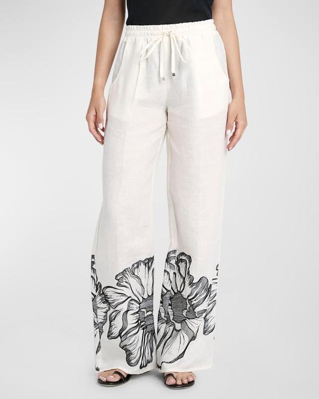 Floral Embroidered Wide-Leg Pull-On Linen Pants Product Image