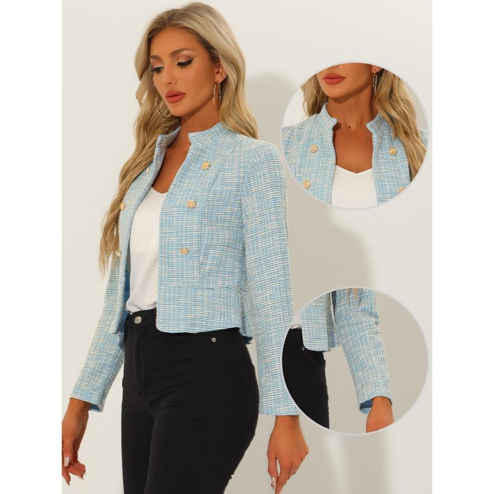 Allegra K Women's Tweed Stand Collar Business Open Front Cropped Jacket Light Blue Small Product Image