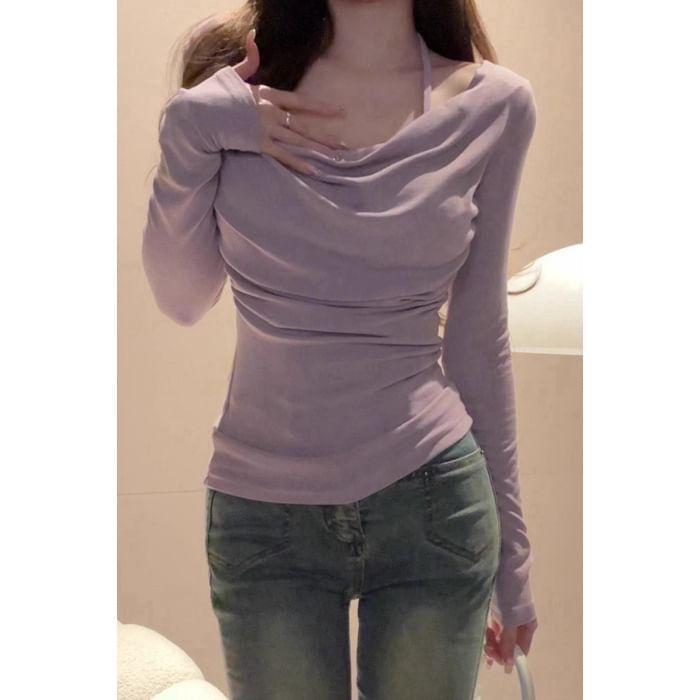 Cold-Shoulder Long-Sleeve Plain Shawl Collar T-Shirt Product Image