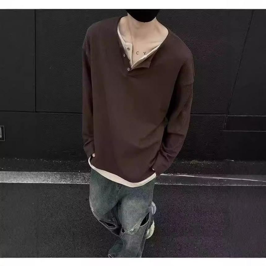 Long-Sleeve Henley Mock Two-Piece Two Tone Ribbed T-Shirt Product Image