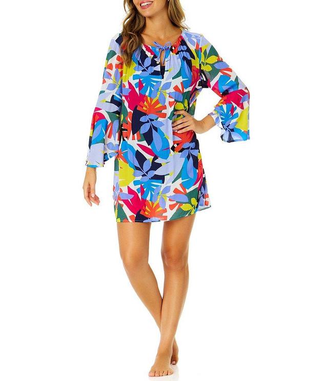 Anne Cole Tropic Stamp Crinkle Bell Sleeve Swim Cover-Up Tunic Product Image