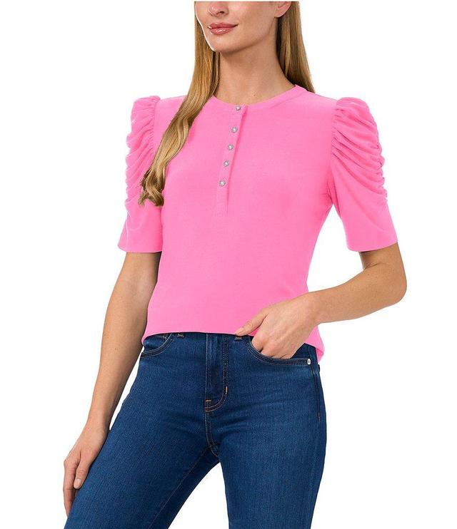 CeCe Round Neck 3/4 Puff Sleeve Button Front Blouse Product Image