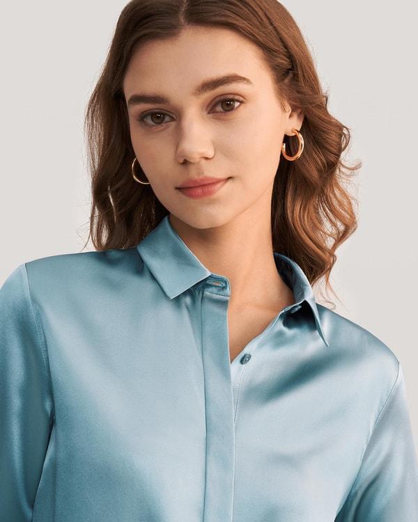 Basic Concealed Placket Silk Shirt Product Image