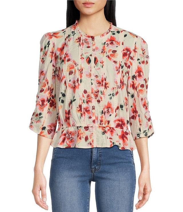 Sam Edelman Scarlette Embroidered Floral Print Round Neck Ruffle Long Sleeve Button Front Blouse Product Image