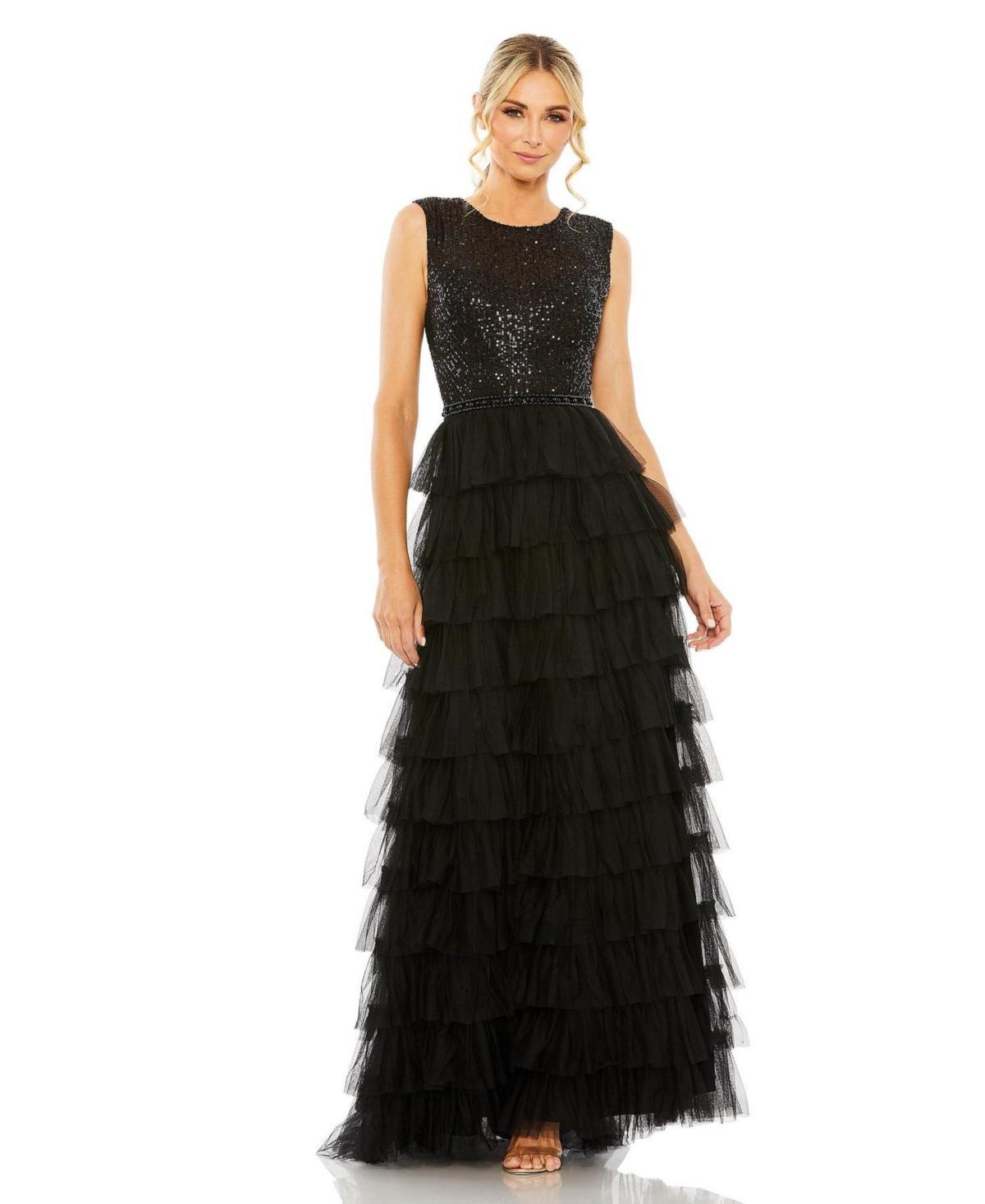 Womens Sequin Tulle Ruffled Gown Product Image