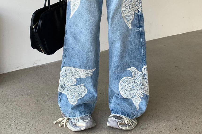 Mid Waist Embroidered Washed Wide Leg Jeans Product Image