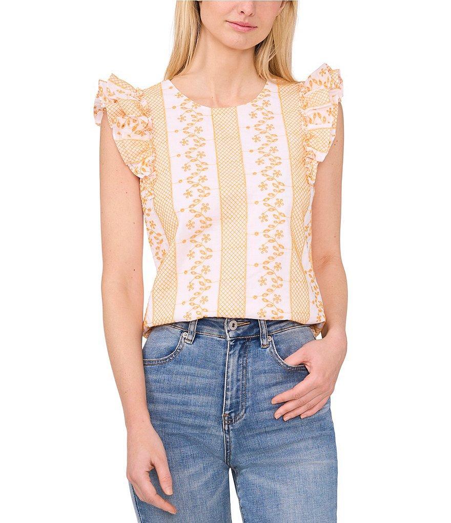 CeCe Crew Neck Cap Ruffle Sleeve 3D Embroidered Blouse Product Image