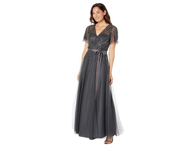 XSCAPE Long Mesh Bead Ball Gown (Charcoal) Women's Evening Product Image