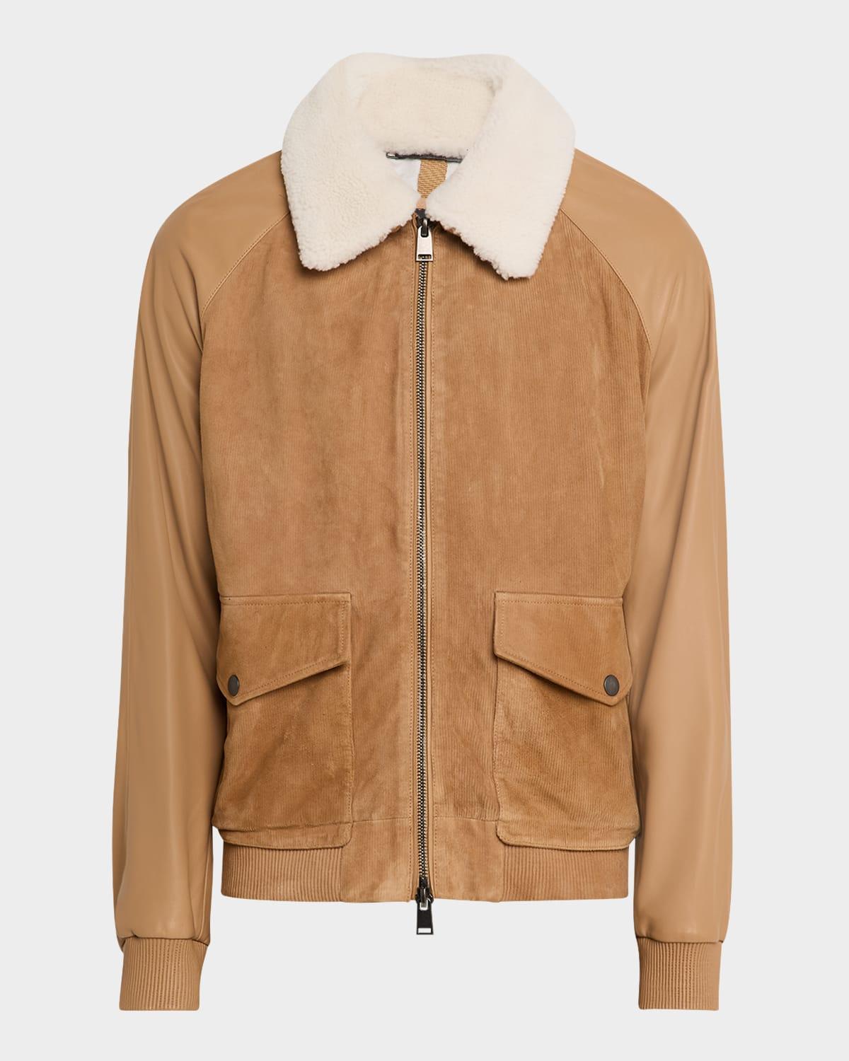 Men's Maduroy Shearling-Collar Corduroy and Leather Jacket Product Image