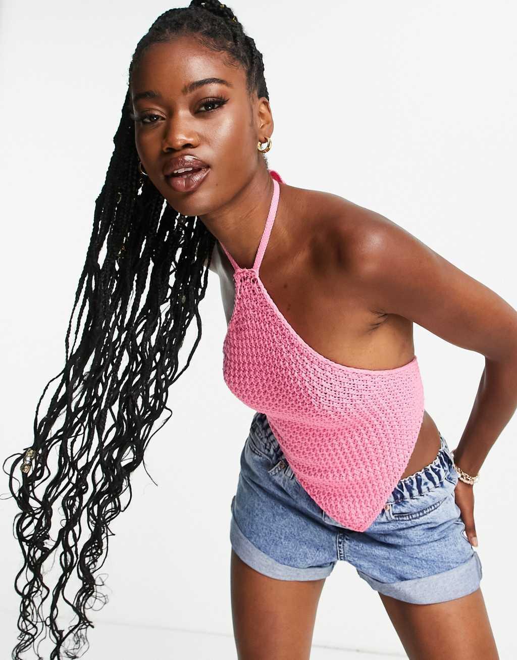 Stradivarius crochet halter top in pink  Product Image