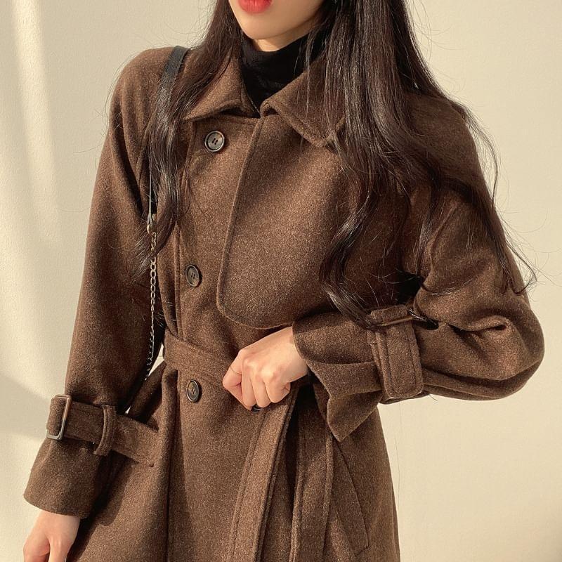 Collared Plain Panel Double Breasted Coat Product Image