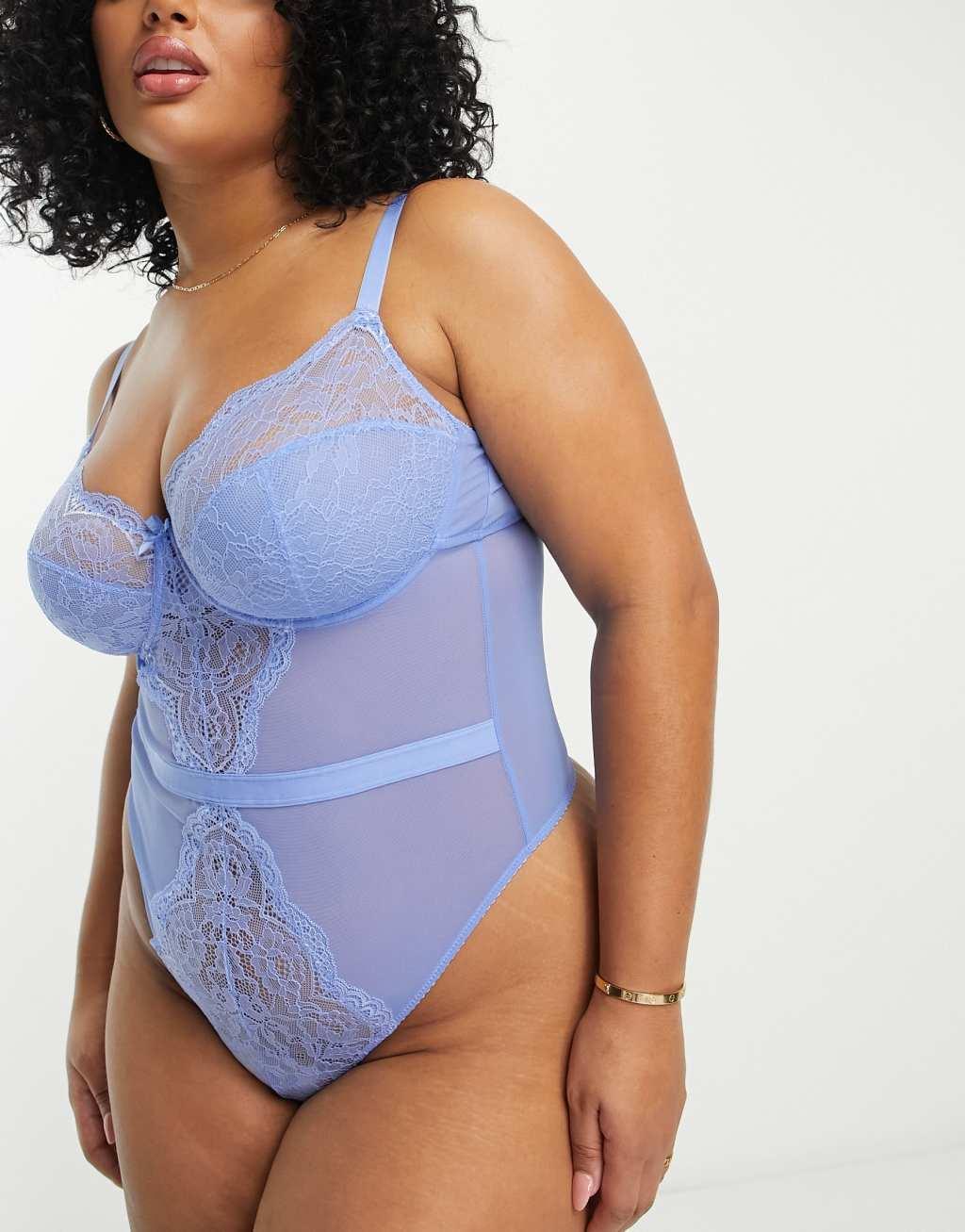 Ivory Rose Curve lace undewired mesh thong bodysuit in blue Product Image