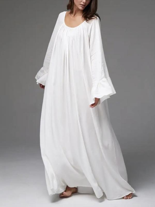 A-Line Flared Sleeves Pleated Solid Color Split-Joint Round-Neck Maxi Dresses product image