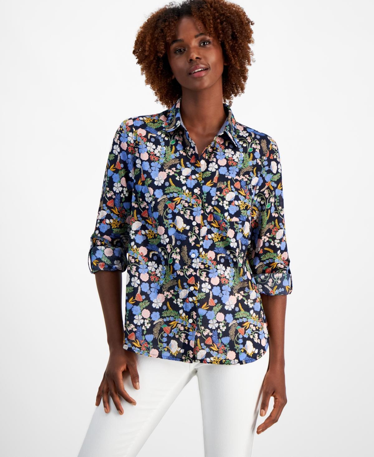 Women's Cotton Floral-Print Roll-Tab Shirt Product Image