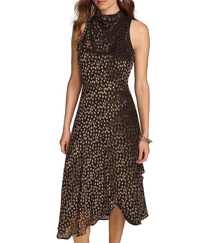 Donna Karan Burnout Velvet Dot High Cowl Neck Sleeveless Midi Dress product image