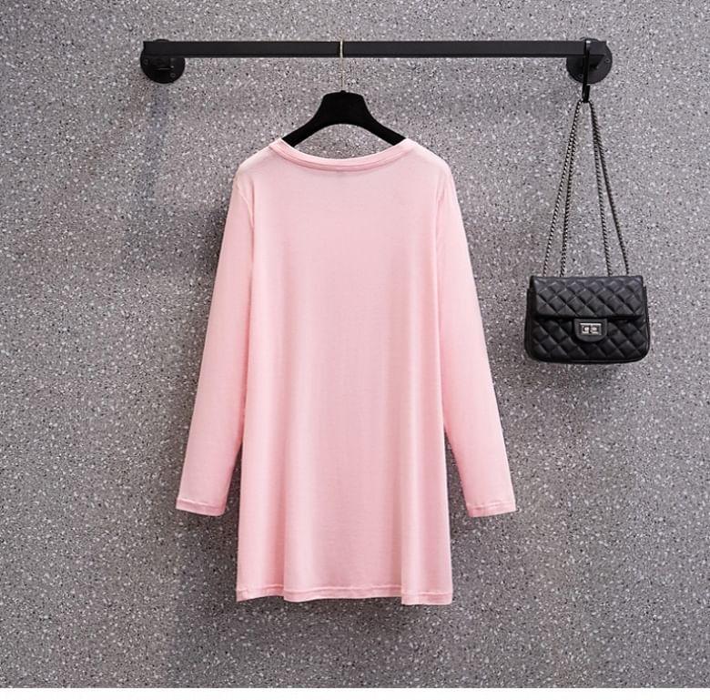 Plus Size Long-Sleeve Round Neck Plain T-Shirt Product Image