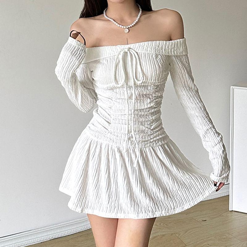 Long-Sleeve Off Shoulder Plain A-Line Dress Product Image