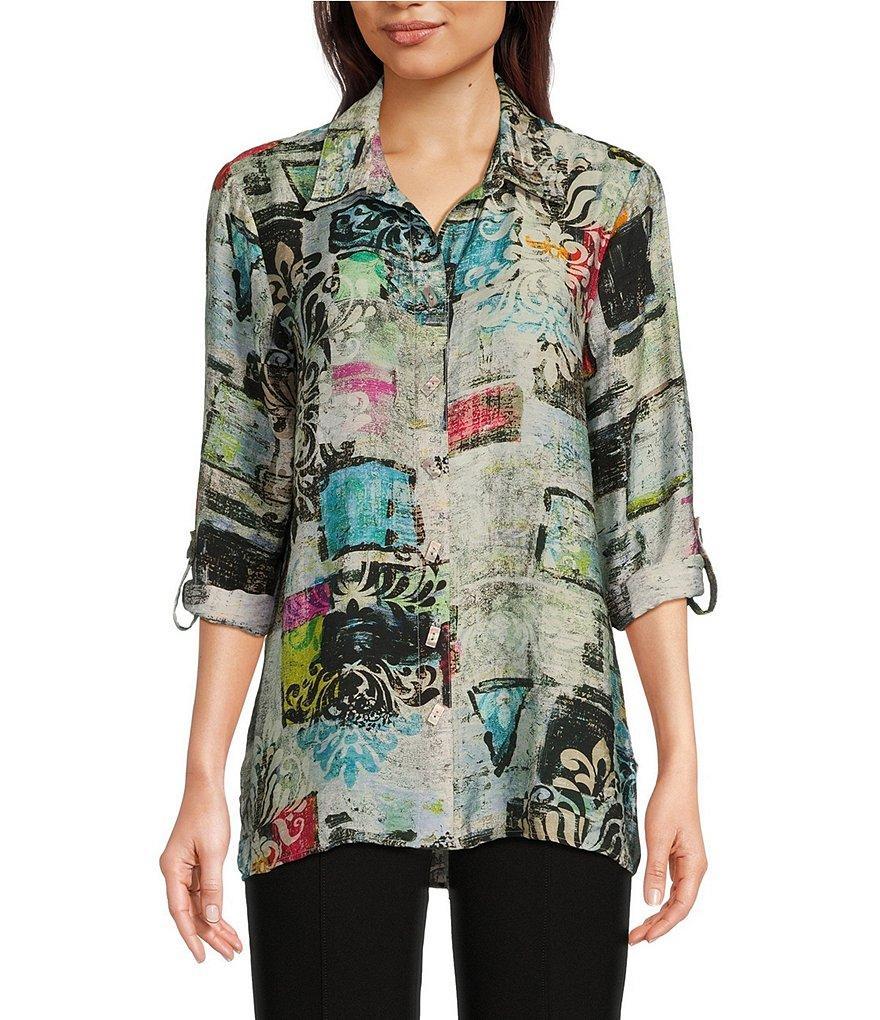 Ali Miles Petite Size Woven Impasto Abstract Print Point Collar 3/4 Roll-Tab Sleeve Hi-Low Hem Button-Front Tunic Product Image