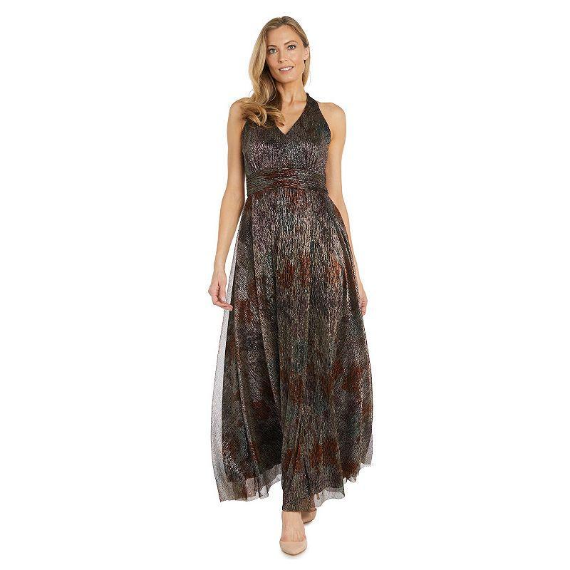 Womens R&M Richards Metallic Crinkle V-Neck Halter Maxi Dress Red/Coppr Product Image