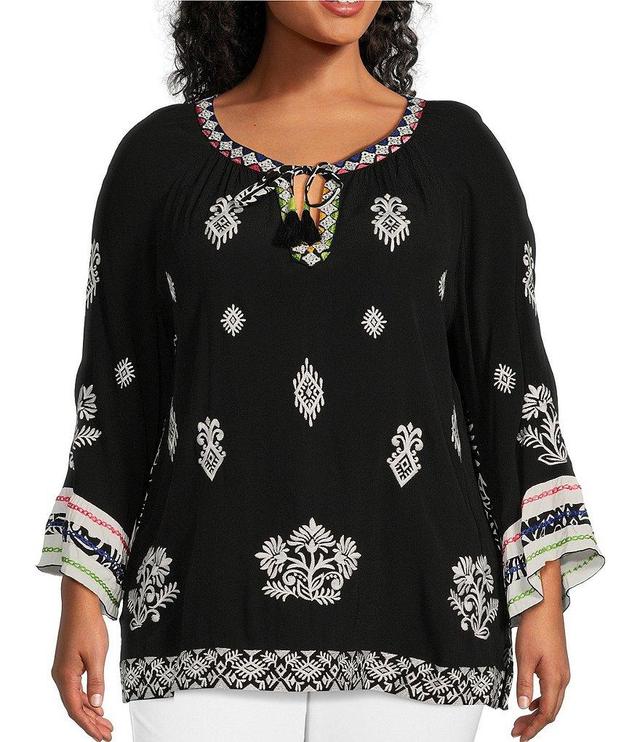 John Mark Plus Size Woven Floral Print 3/4 Sleeve Split Round Collar Tunic Product Image