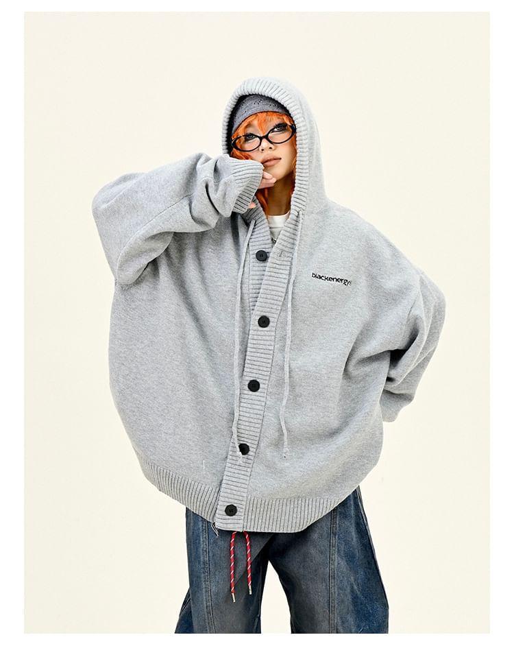 Drop Shoulder Hooded Lettering Button Up Oversized Cardigan Product Image