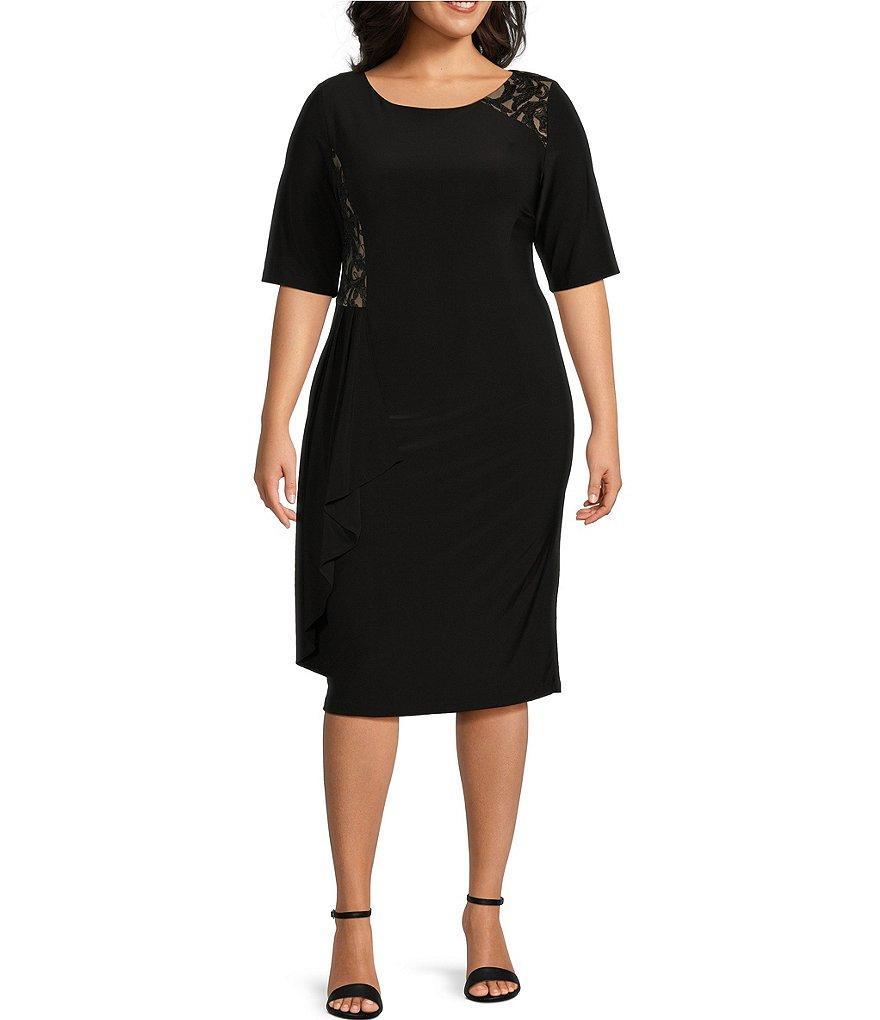 Le Bos Plus Size 3/4 Sleeve Crew Neck Cascading Ruffle Sheath Dress Product Image