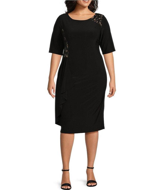 Le Bos Plus Size 3/4 Sleeve Crew Neck Cascading Ruffle Sheath Dress Product Image