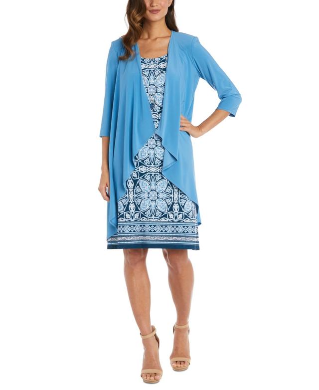 R & M Richards Womens 2-Pc. Draped Jacket & Printed Dress - Blue Product Image