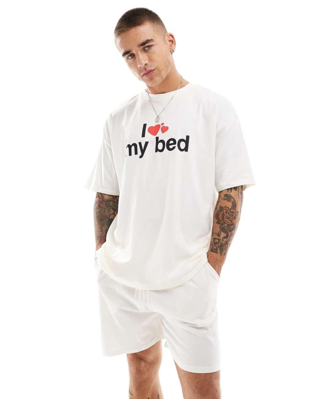 ASOS DESIGN pajama set with I love my bed graphic in cream Product Image