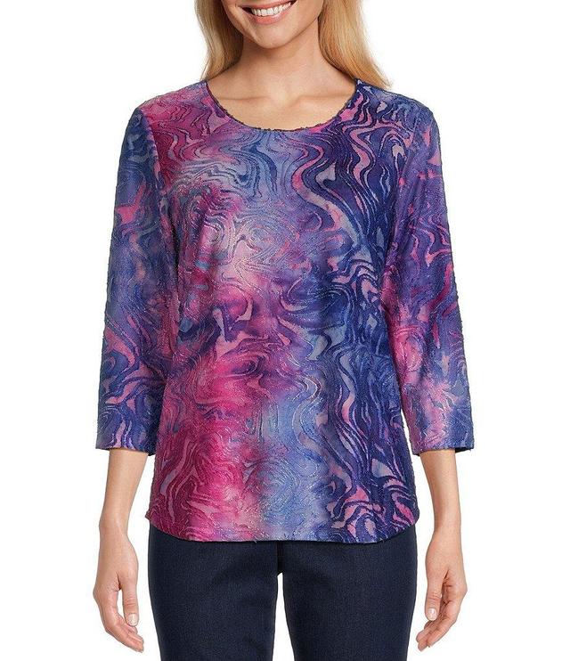 Allison Daley Super Pink Tie Dye Print 3/4 Sleeve Crew Neck Knit Top Product Image