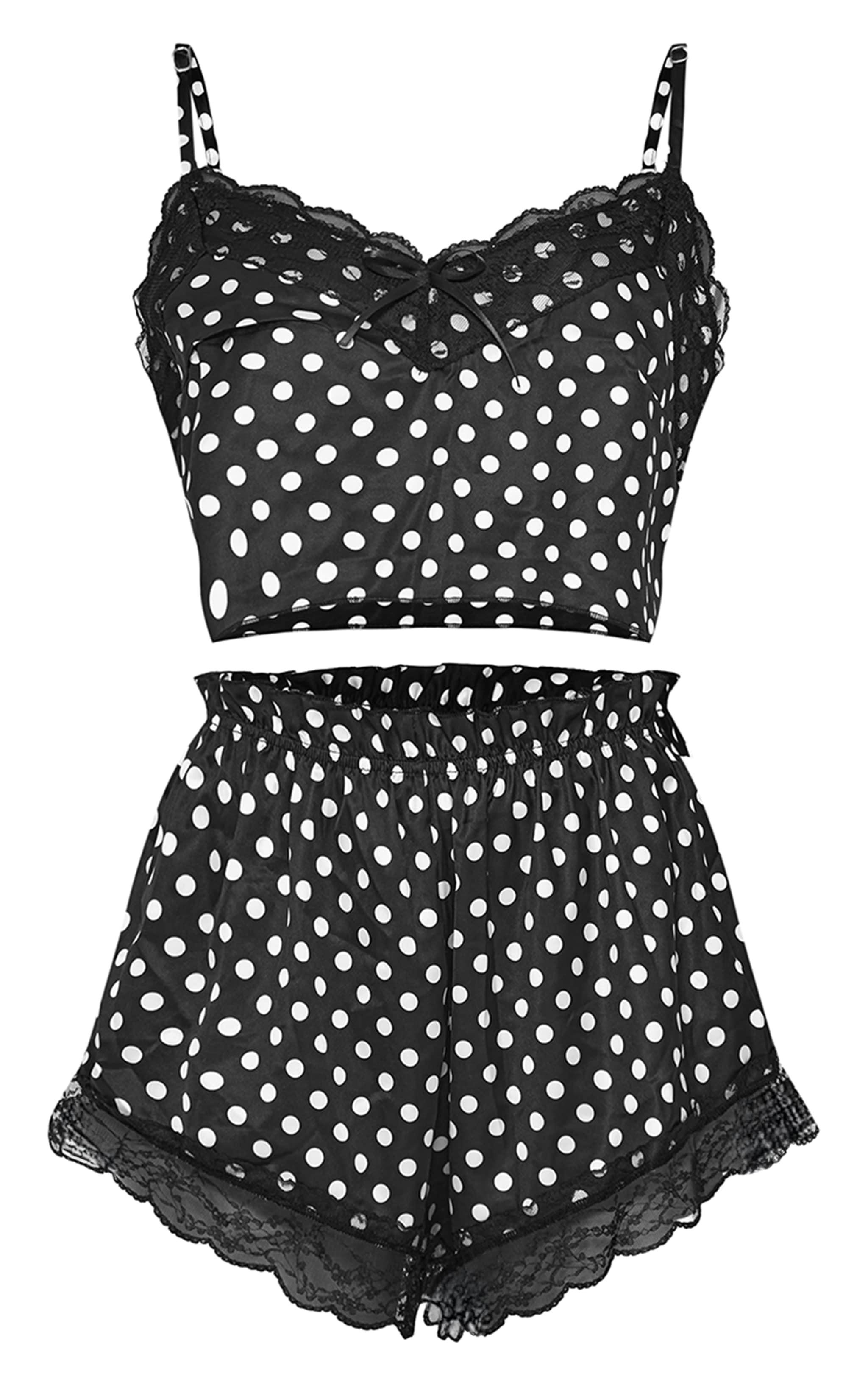 Black Polka Dot Cropped Lace Trim Satin Cami And Short Pj Set Product Image