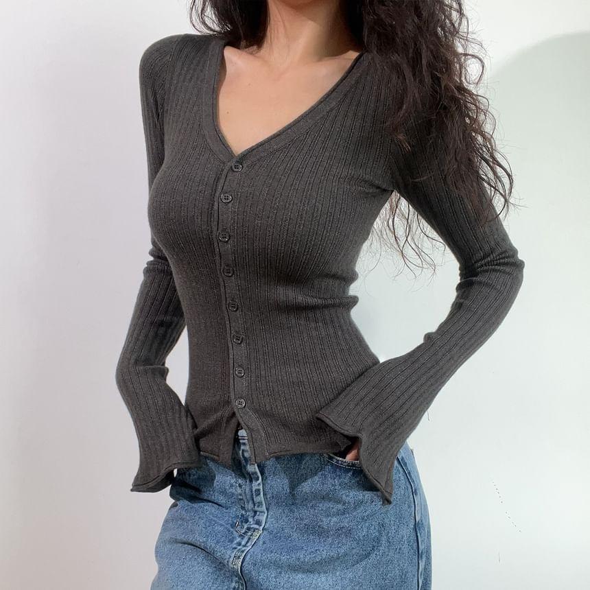 V-Neck Plain Ribbed Cardigan Product Image