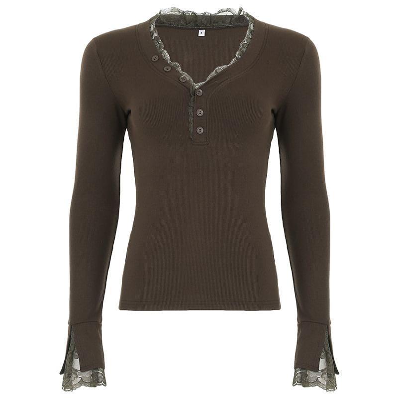 Long-Sleeve V-Neck Lace Trim Top Product Image